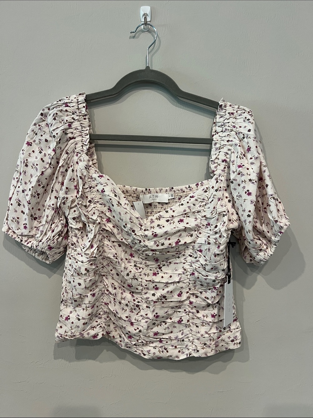 Astr Ruched Puff Sleeve Blouse Ditsy Purple Floral NWT